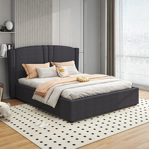 Roman Bed Frame Queen Size Black Velvet Fabric with Gas