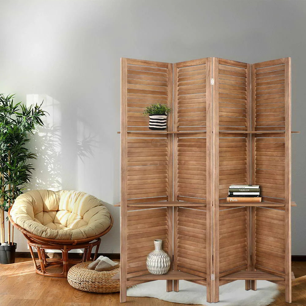 Brown room divider screen with slatted divider panels and foldable frame