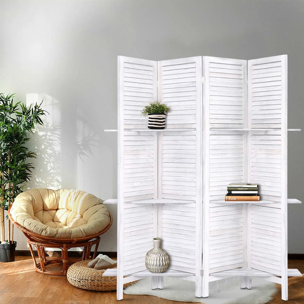 White room divider screen with woven screen panels and folding room divider