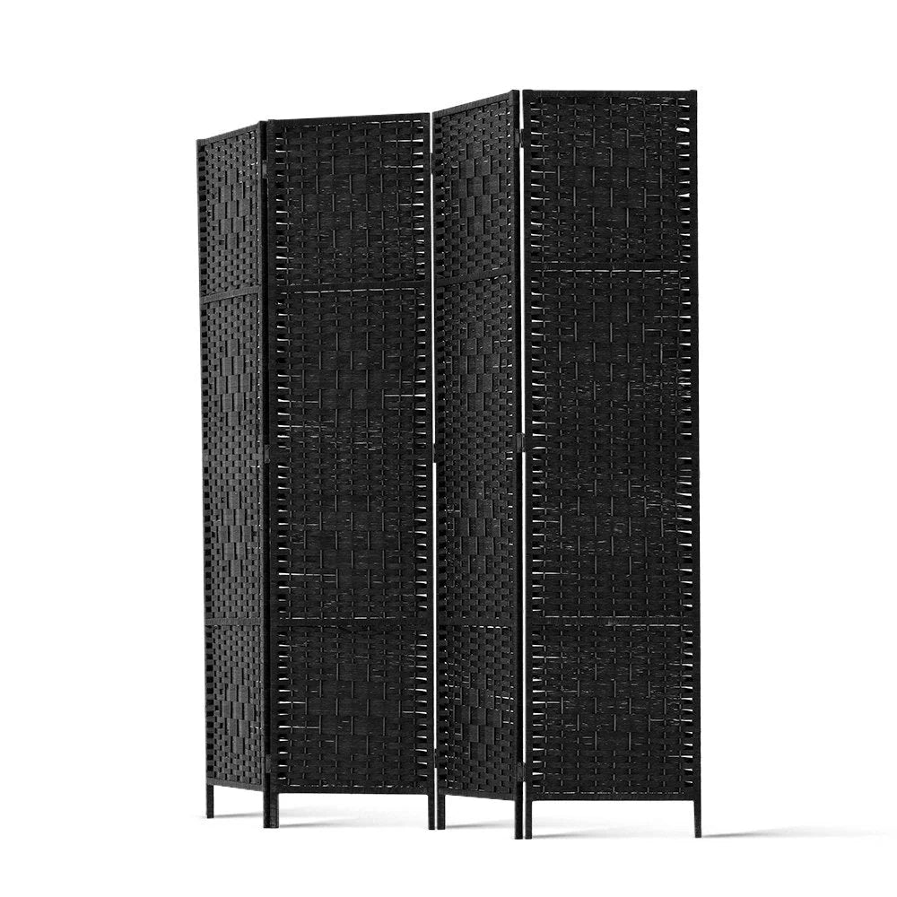 Room Divider 4‑Panel Privacy Screen Rattan Woven Wood Black