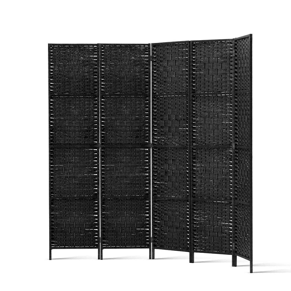 Room Divider 4‑Panel Privacy Screen Rattan Woven Wood Black