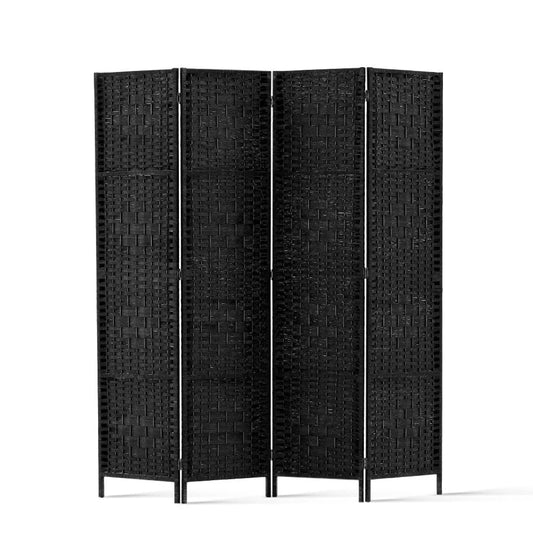 Room Divider 4‑Panel Privacy Screen Rattan Woven Wood Black