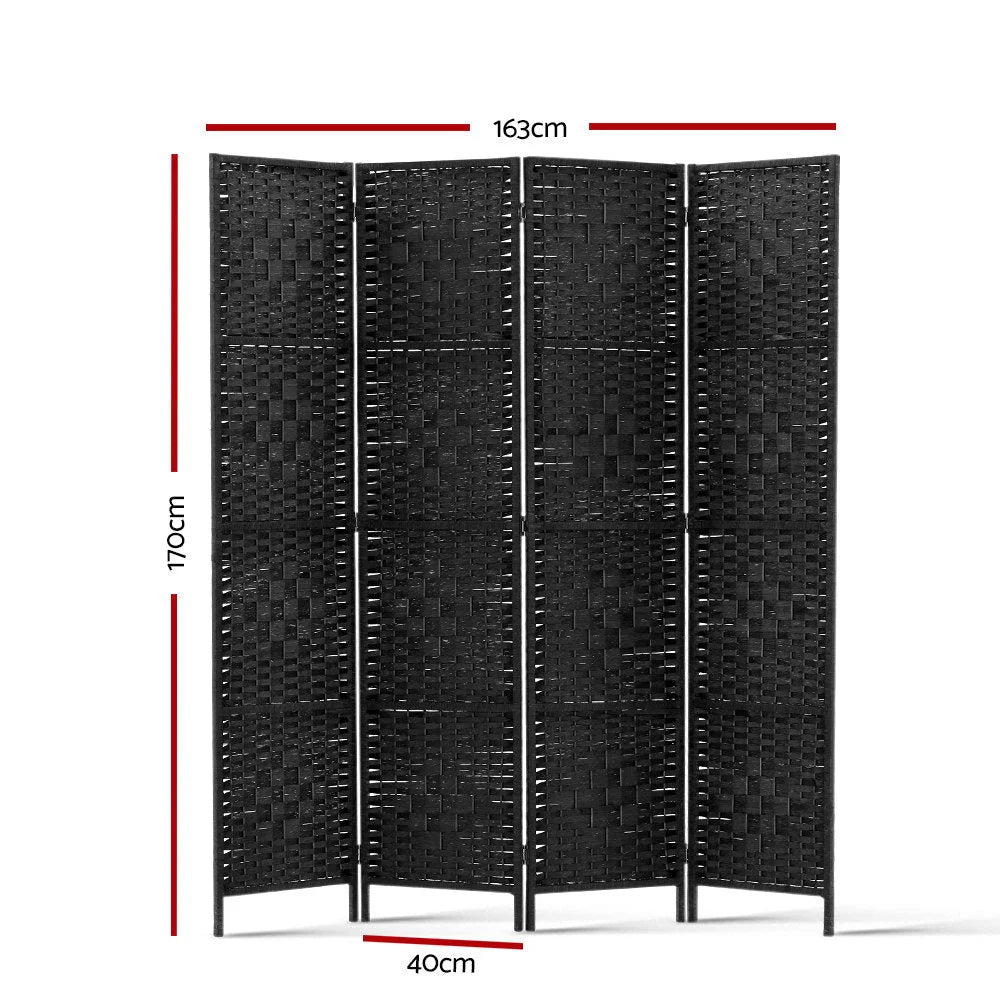 Room Divider 4‑Panel Privacy Screen Rattan Woven Wood Black