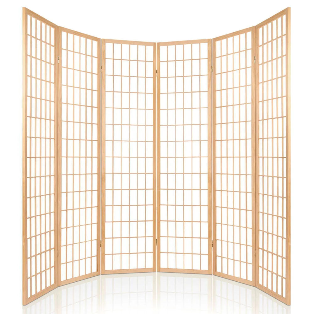 Room Divider Privacy Screen 6 Panel Foldable Pine Wood Stand Natural