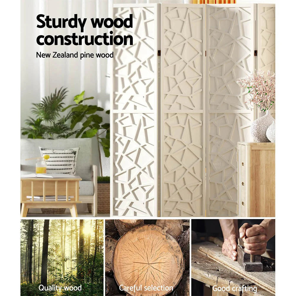 White wood 162x170cm room divider screen with white panel sections and hinged divider frame