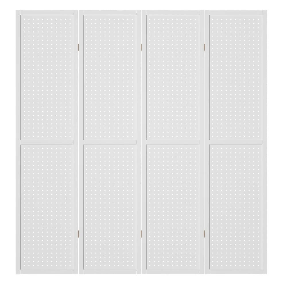 White 164x170cm room divider screen with eight privacy panels and hinged wooden frame