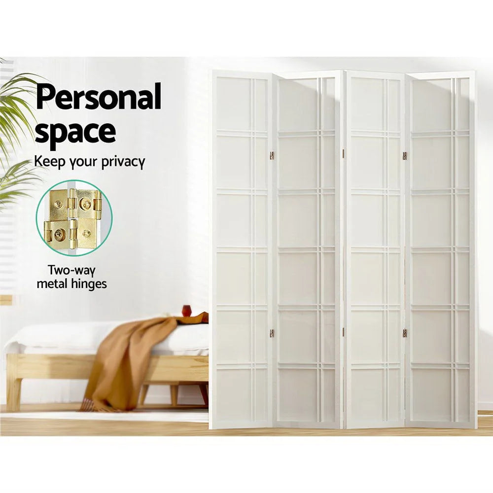 White wood 176x179cm room divider screen with woven screen panels and folding room divider