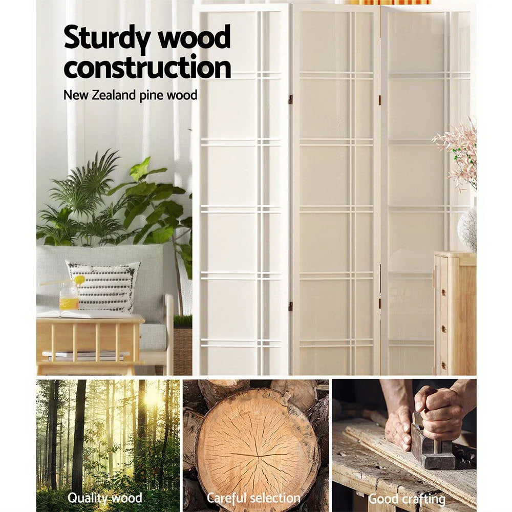 White wood 176x179cm room divider screen with eight privacy panels and hinged wooden frame
