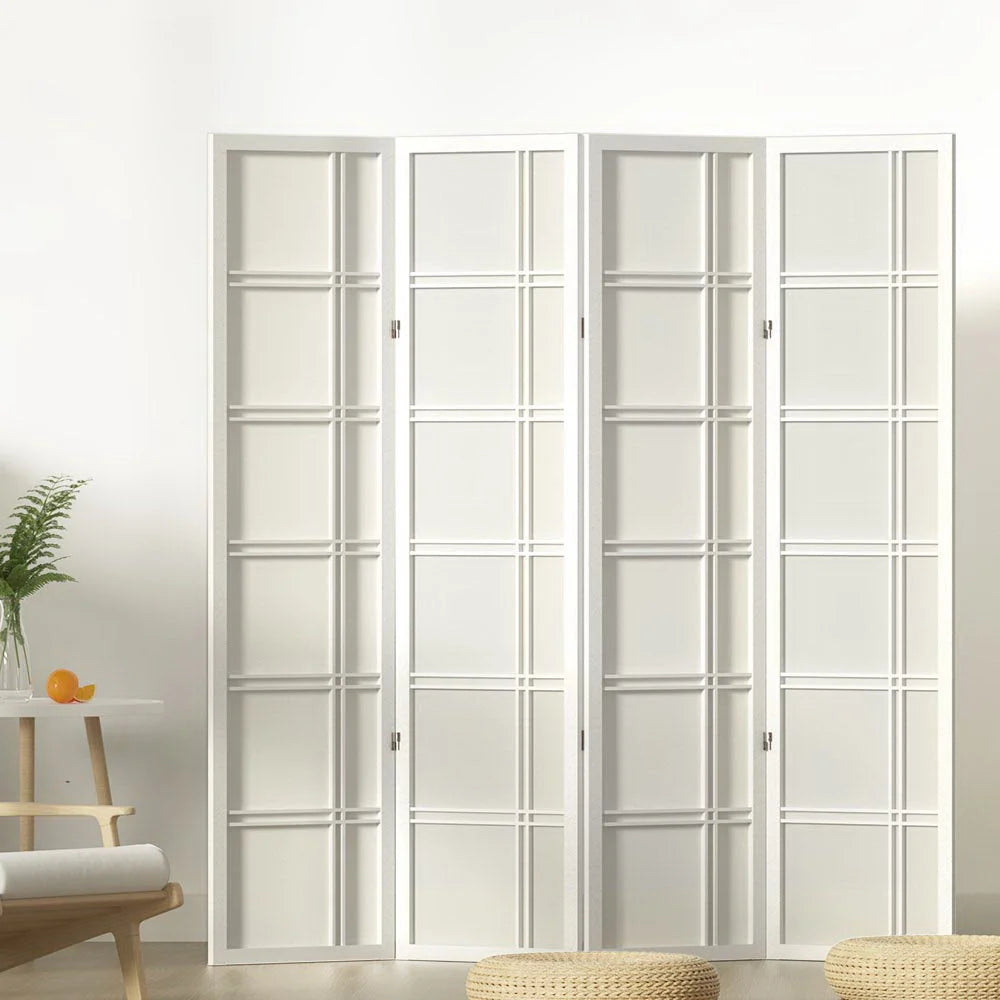 White wood 176x179cm room divider screen with white panel sections and hinged divider frame