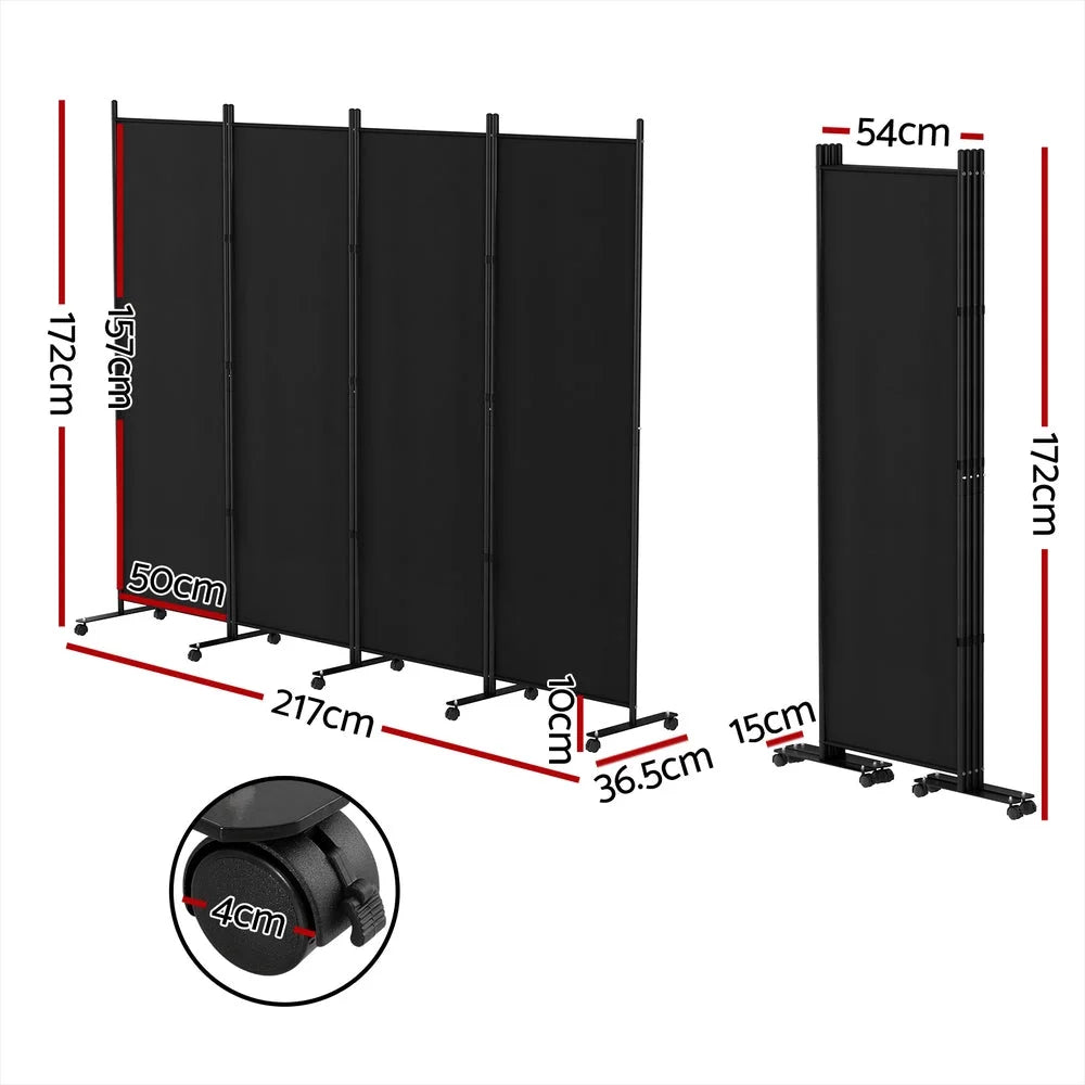Room Divider Screen 4 Panel with 217cm Wheel Fabric Black