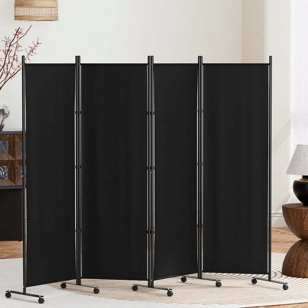 Room Divider Screen 4 Panel 217cm Wheel Fabric - Black