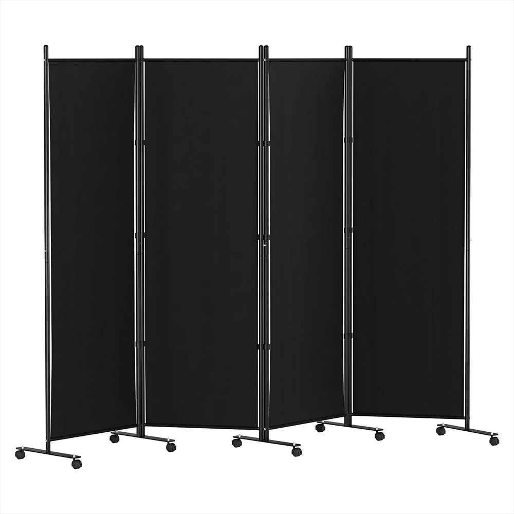 Black Fabric Room Divider Screen 4 Panel 217cm Wheel