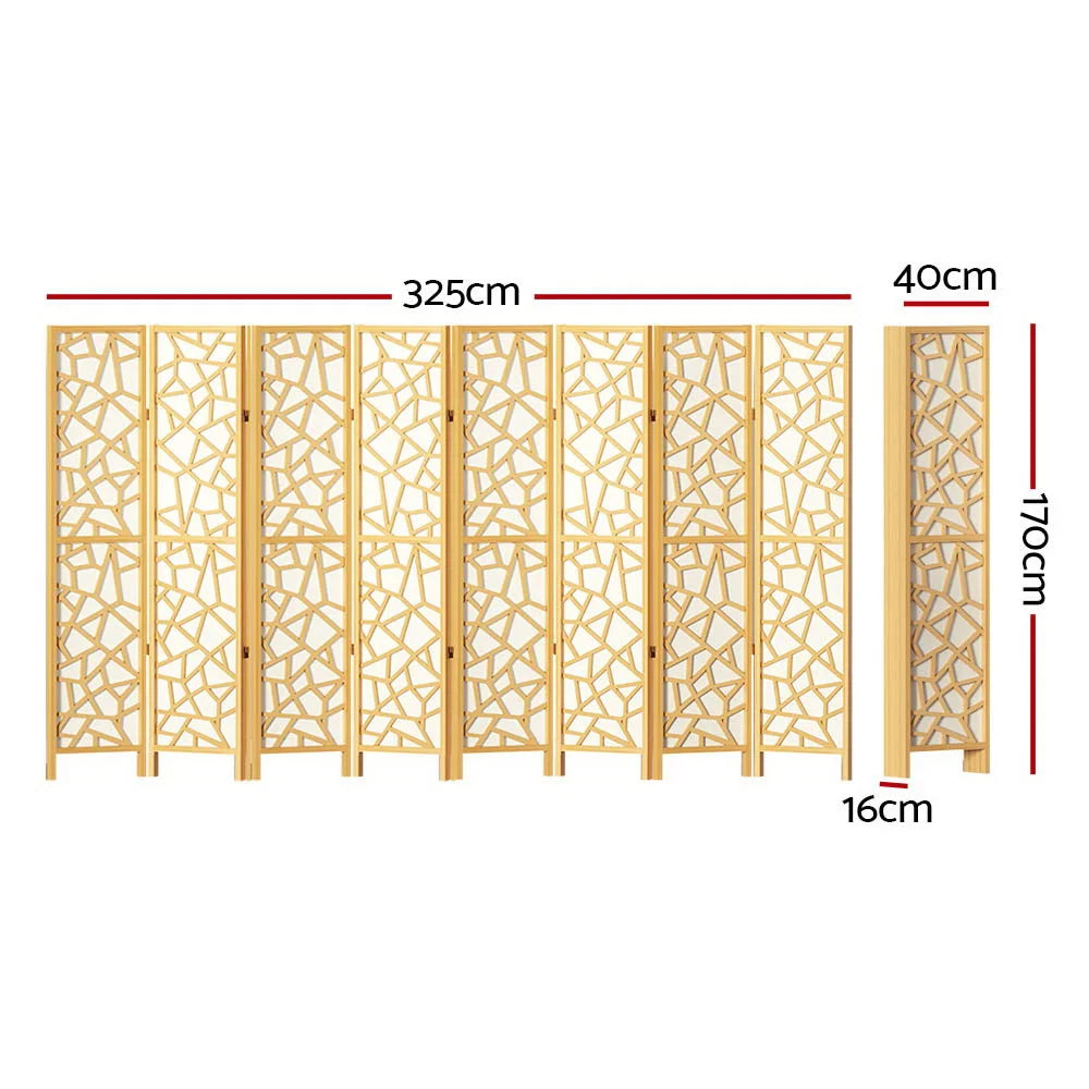 Wood 325x170cm room divider screen with eight privacy panels and hinged wooden frame