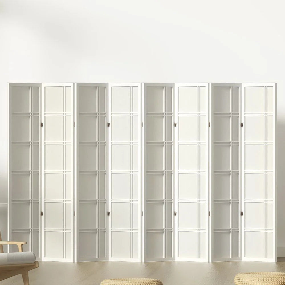 Room divider screen with folding privacy panels and wooden screen frame