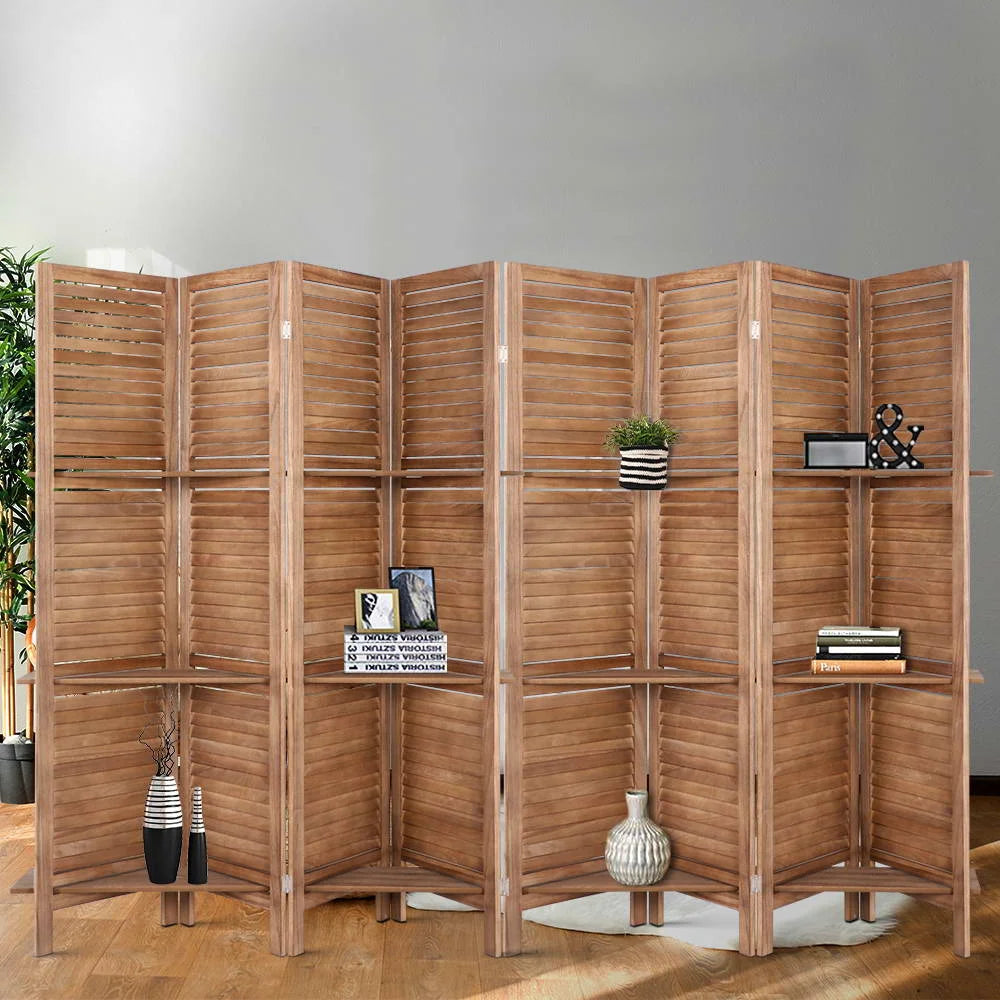 Wooden room divider screen with slatted divider panels and foldable frame