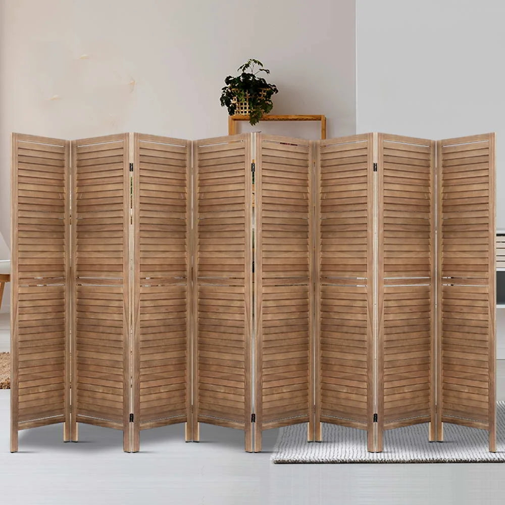 Brown wood room divider screen with folding privacy panels and wooden screen frame