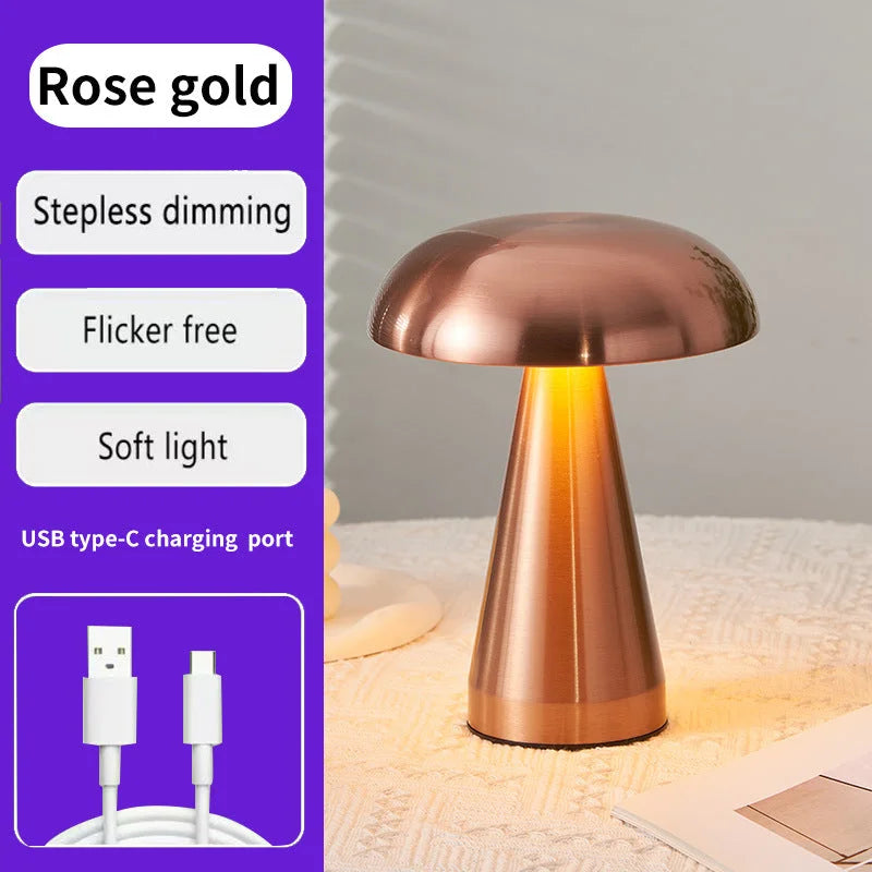 Rose Glod Metal Mushroom Table Lamp - Rechargeable Touch