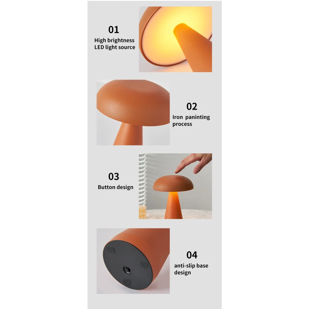 Rose Glod Metal Mushroom Table Lamp - Rechargeable Touch