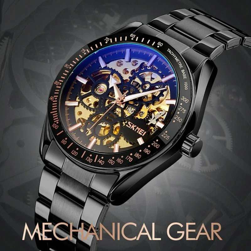 Rose Gold Automatic Skeleton Watch for Men with Steel Band