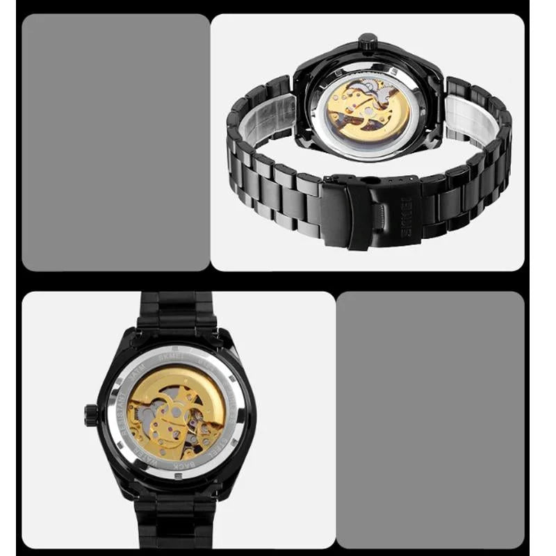 Rose Gold Automatic Skeleton Watch for Men with Steel Band