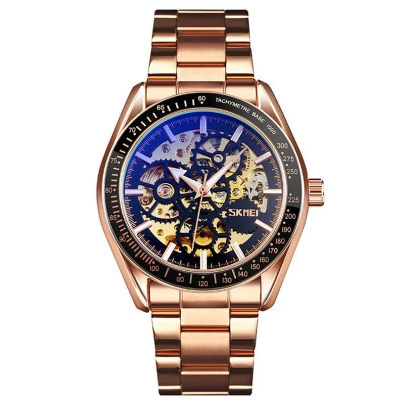 Rose Gold Automatic Skeleton Watch for Men with Steel Band