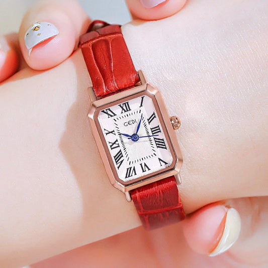Rose gold case white plate red belt Ladies Quartz Watch
