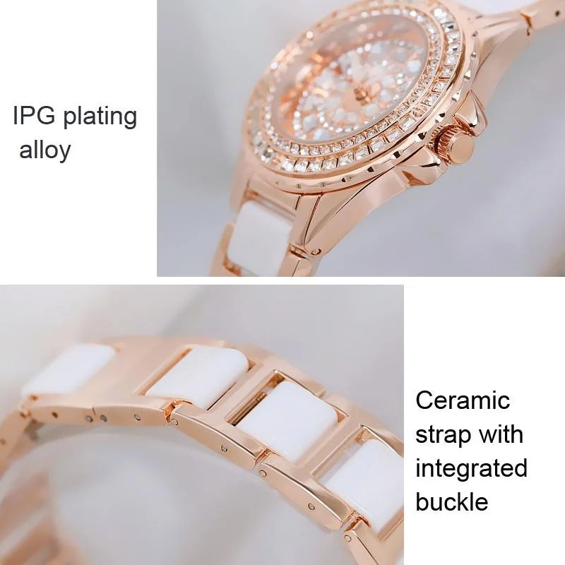 Rose Gold Ceramic Watch with Diamond Strap for Women