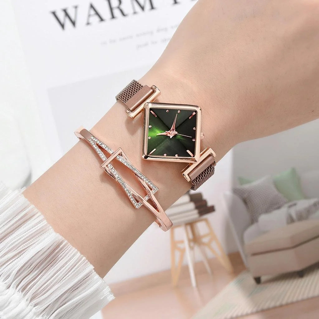 Rose Gold Diamond Dial Watch with Green Bracelet - Women