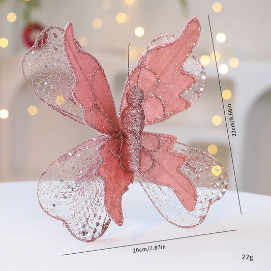 Rose Gold Large Glitter Butterfly Christmas Ornaments (Set