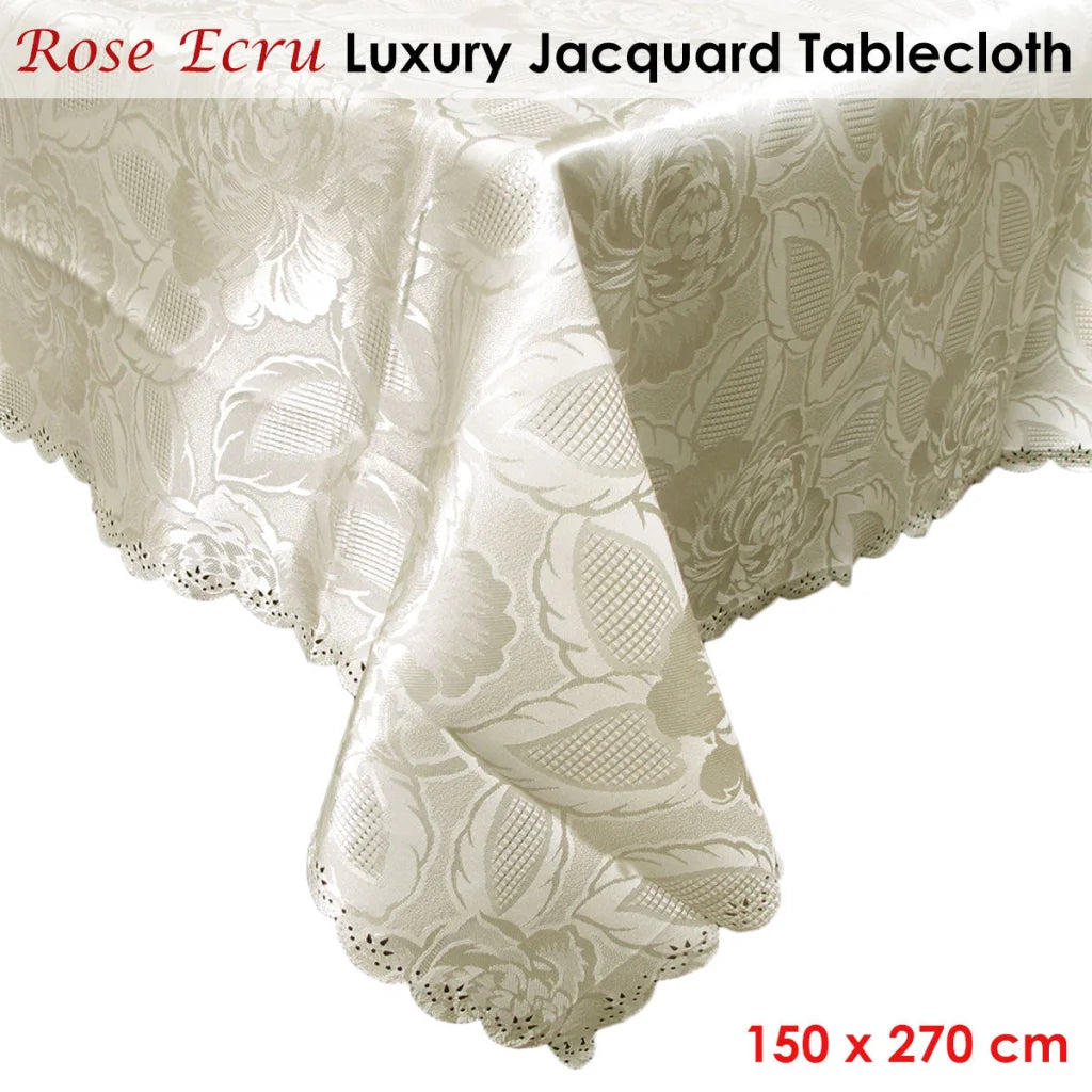 Rose Luxury Jacquard Tablecloth Ecru 150 x 270 cm - Home &
