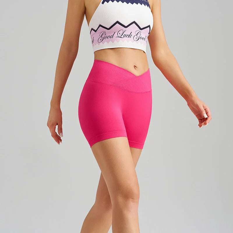 Rose Red Yoga Shorts - Seamless High Waist Tummy Control