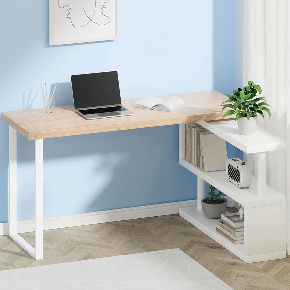 Rotary Corner Desk with Bookshelf - Brown & White - Office