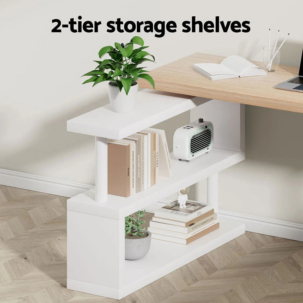 Rotary Corner Desk with Bookshelf - Brown & White - Office