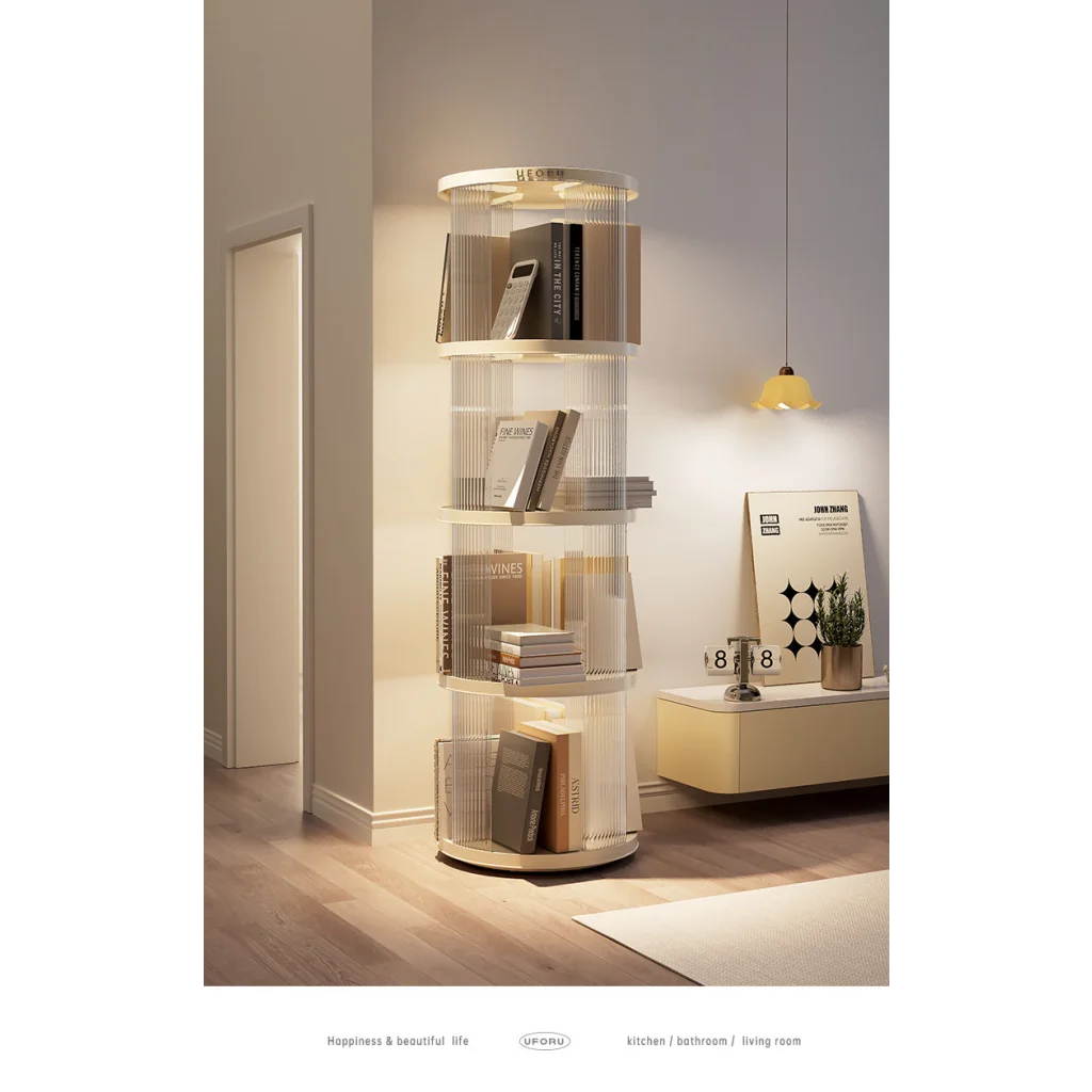 Rotating circular bookshelf with four layers- Cream White
