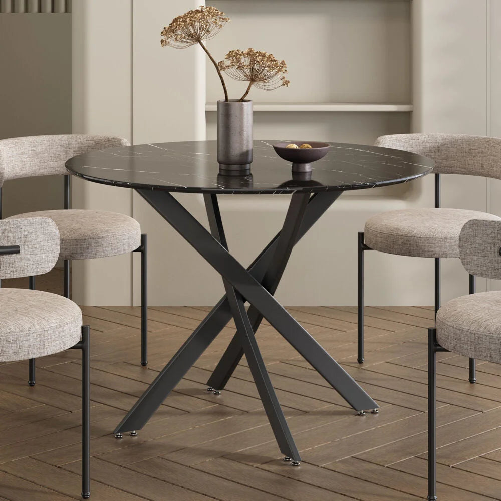 Round Marble-Effect Dining Table - Black - Furniture