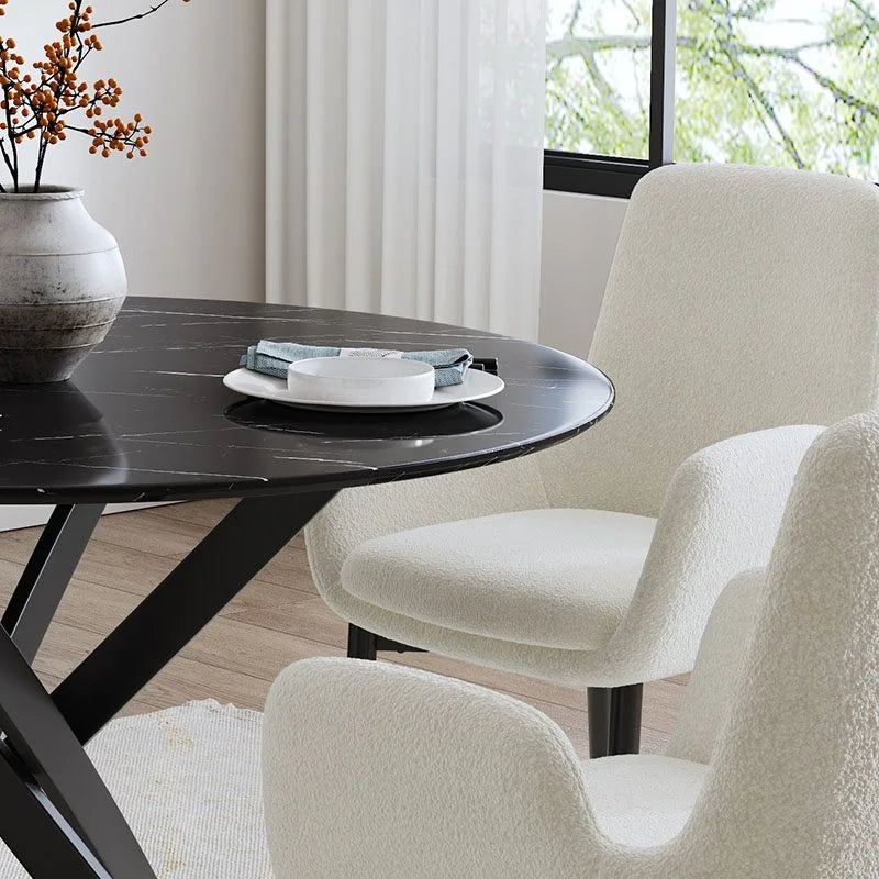 Round Marble-Effect Dining Table - Black - Furniture