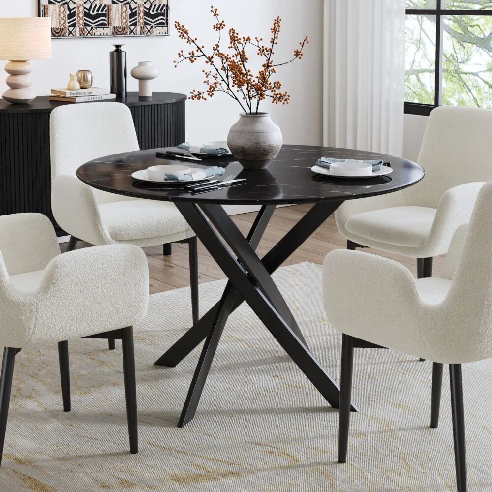 Round Marble-Effect Dining Table - Black - Furniture