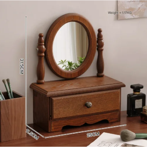 Round Mirror with Drawer Orbicular Wooden Tabletop Vanity