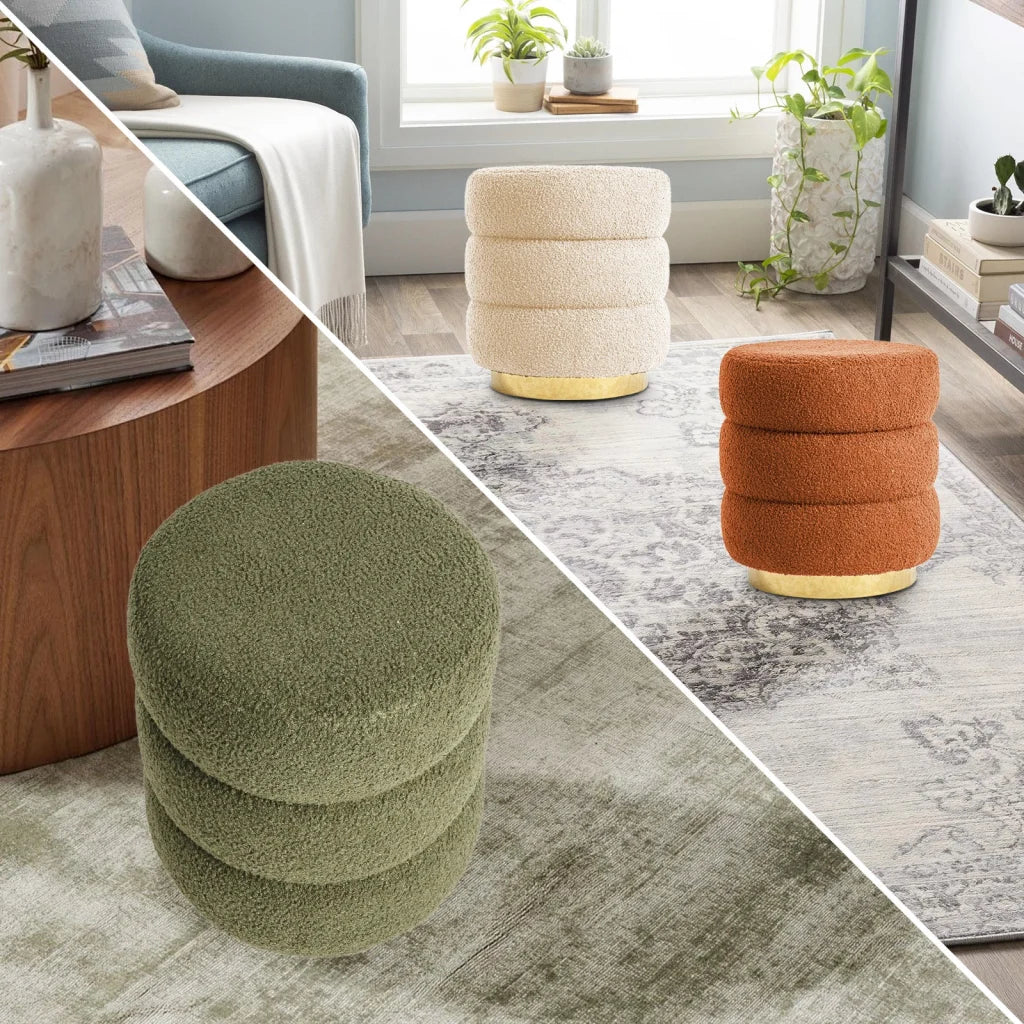 Orange fabric 38cm round stacked ottoman with useful parts and product scale