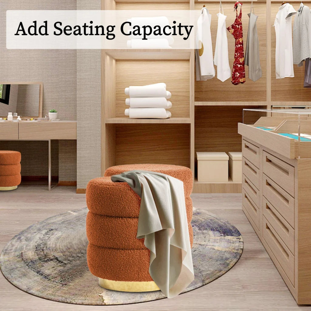 Orange fabric 38cm round stacked ottoman with shape details and included parts