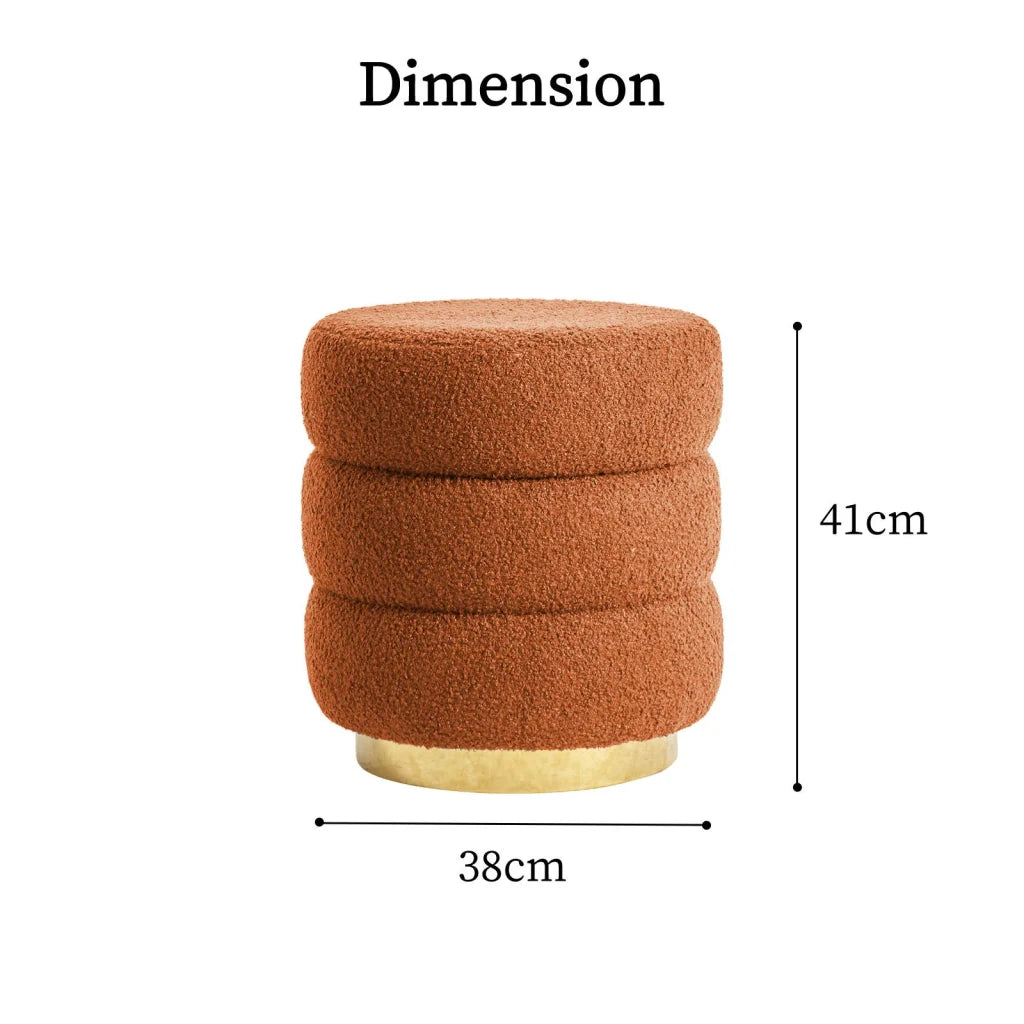Orange fabric 38cm round stacked ottoman with display setup and product form