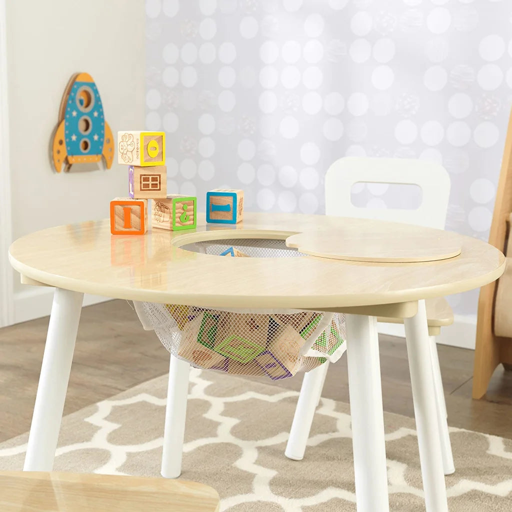 Round Table and 2 Chair Set for Children - White Natural