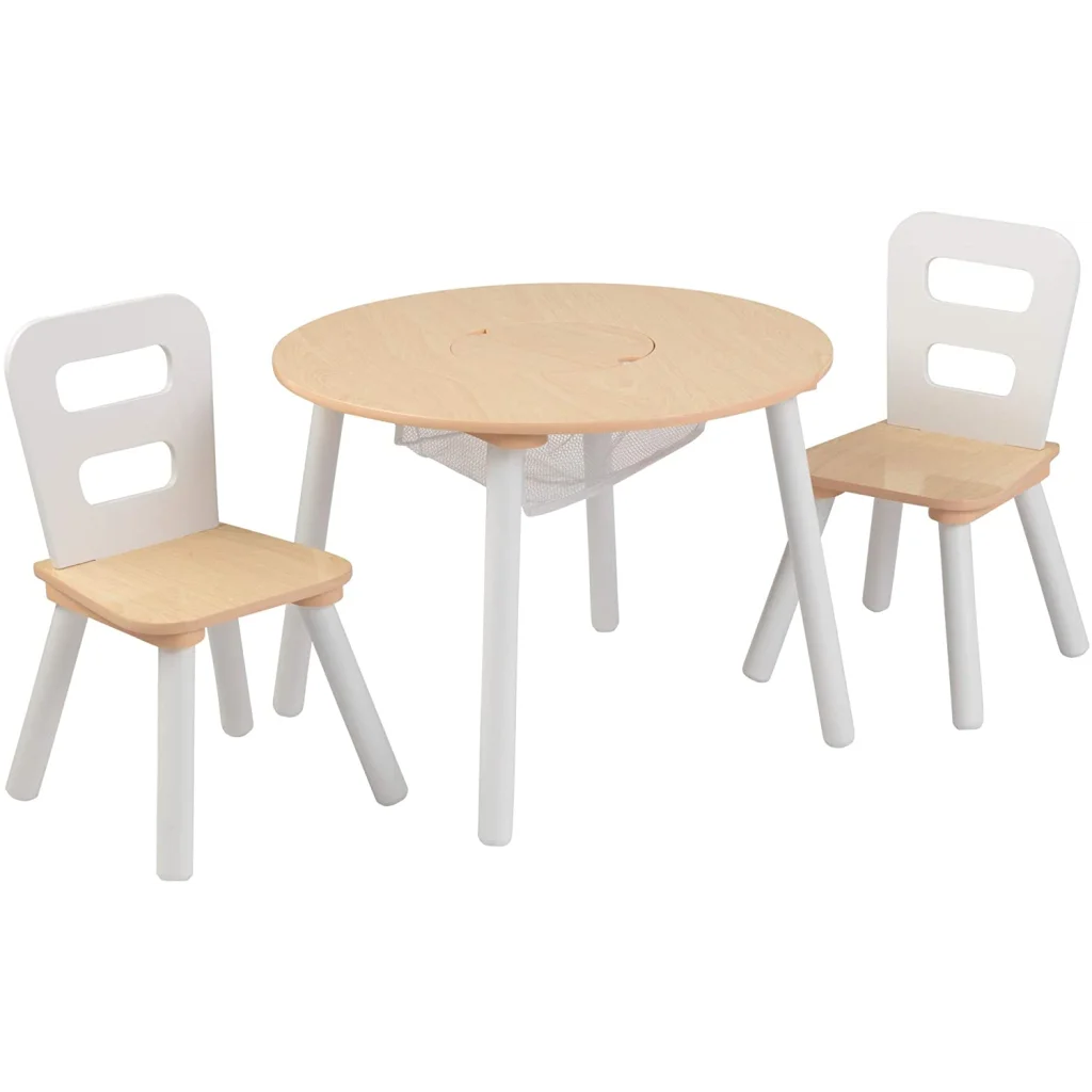 Round Table and 2 Chair Set for Children - White Natural
