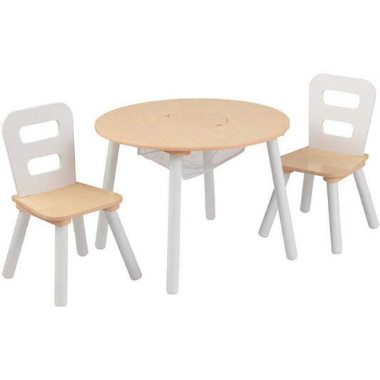 Round Table and 2 Chair Set for Children - White Natural