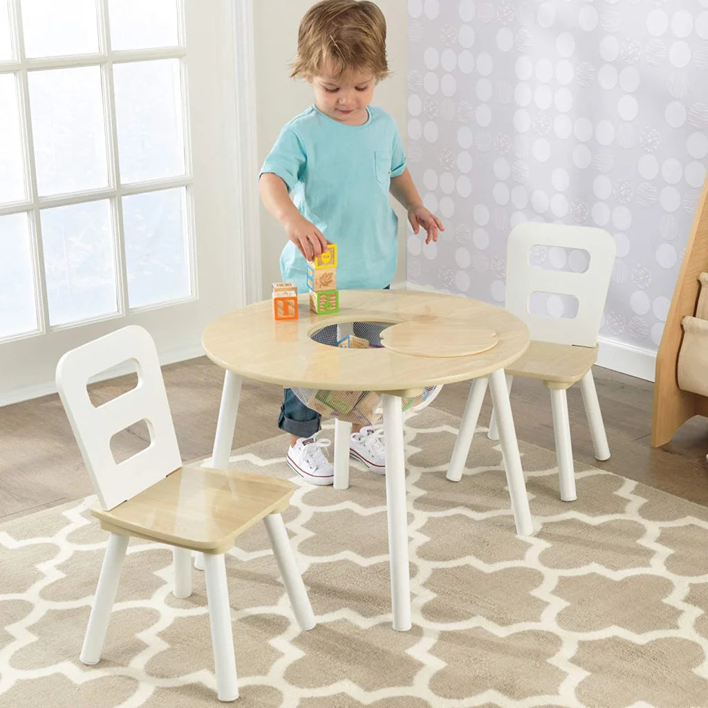 Round Table and 2 Chair Set for Children - White Natural