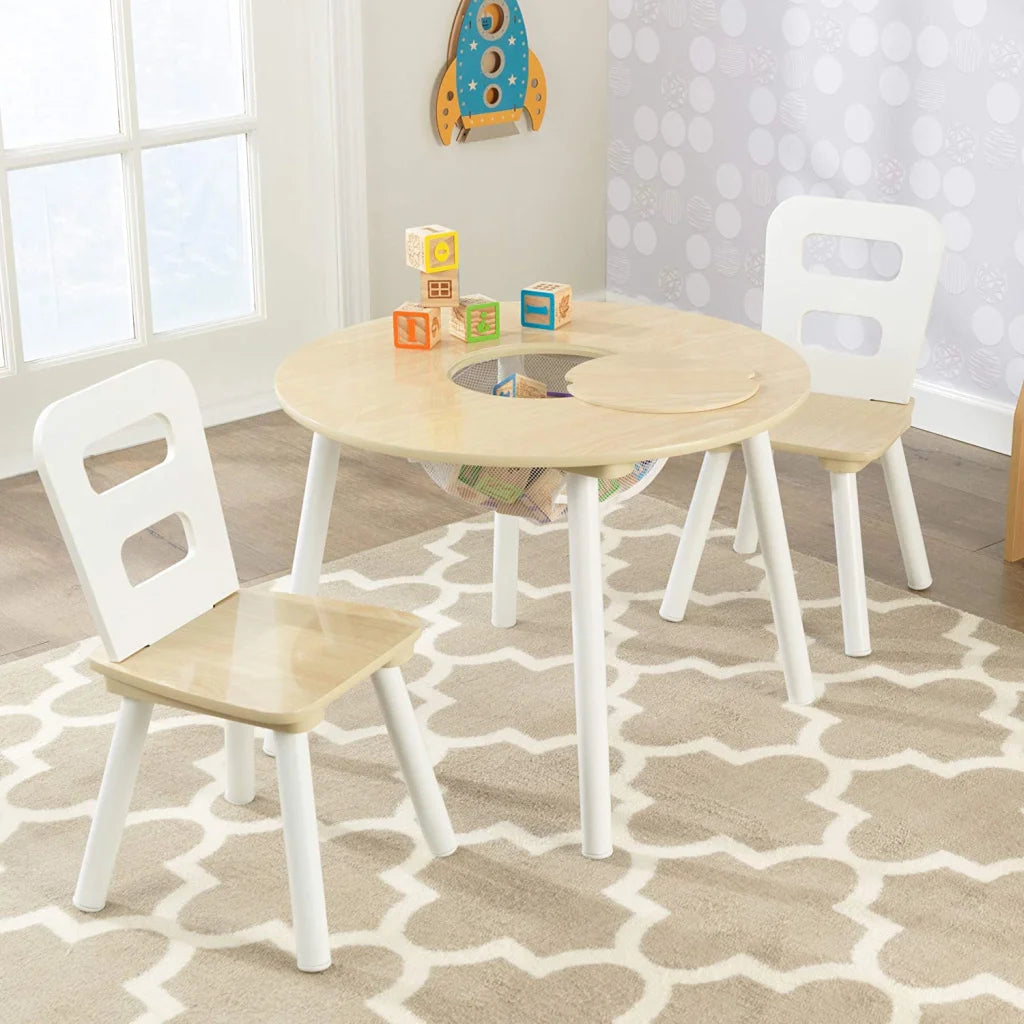 Round Table and 2 Chair Set for Children - White Natural