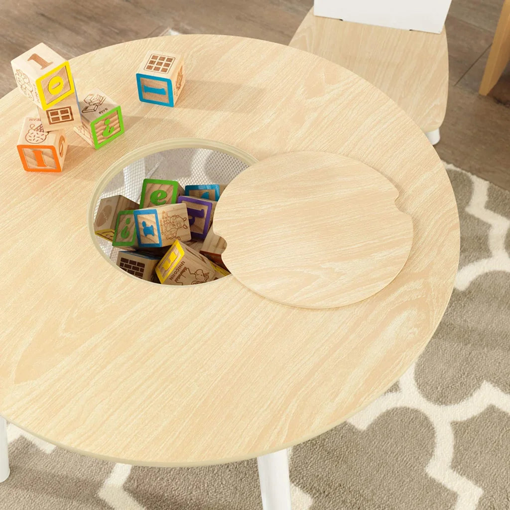 Round Table and 2 Chair Set for Children - White Natural