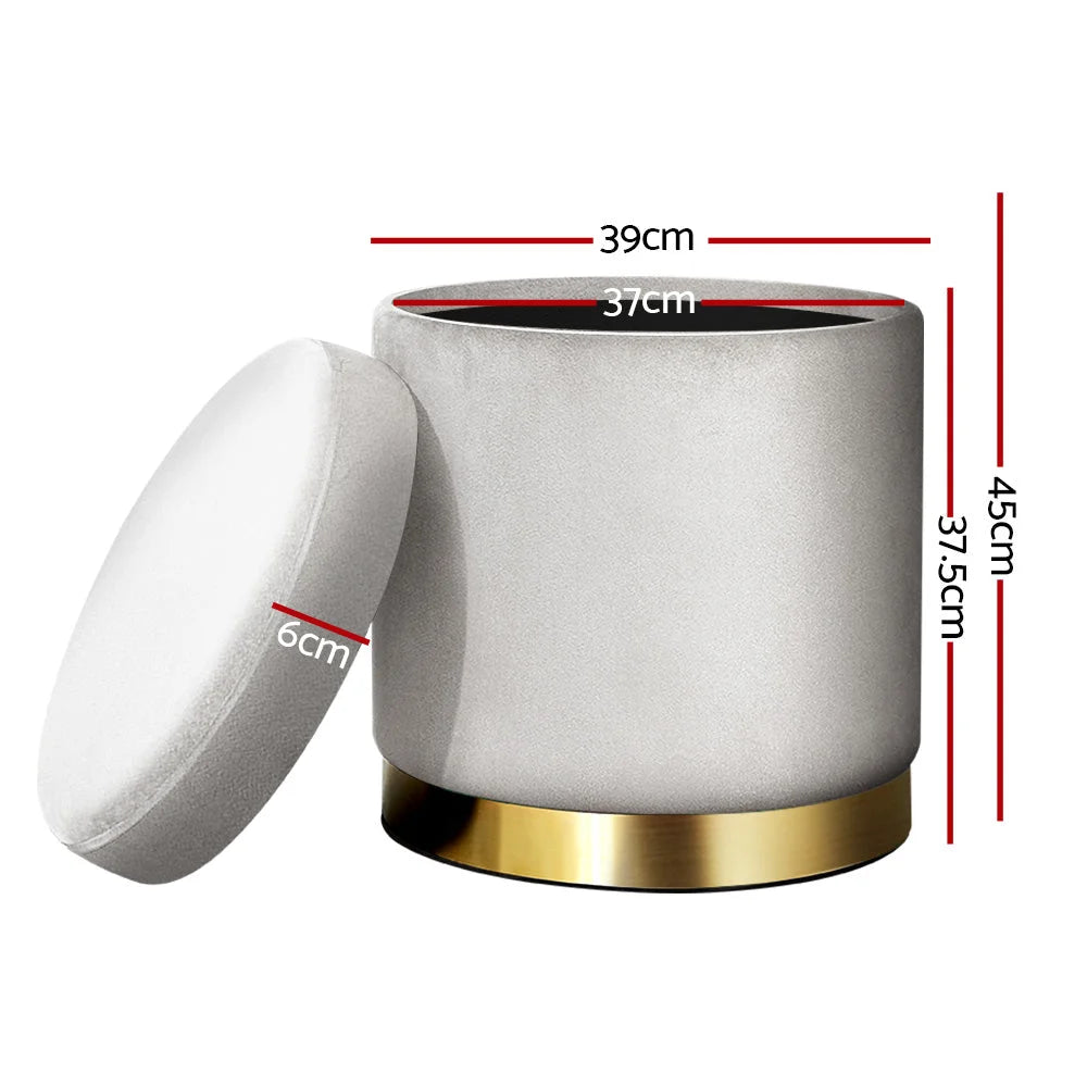 Round Velvet Ottoman Foot Stool Padded Seat - Grey - Living