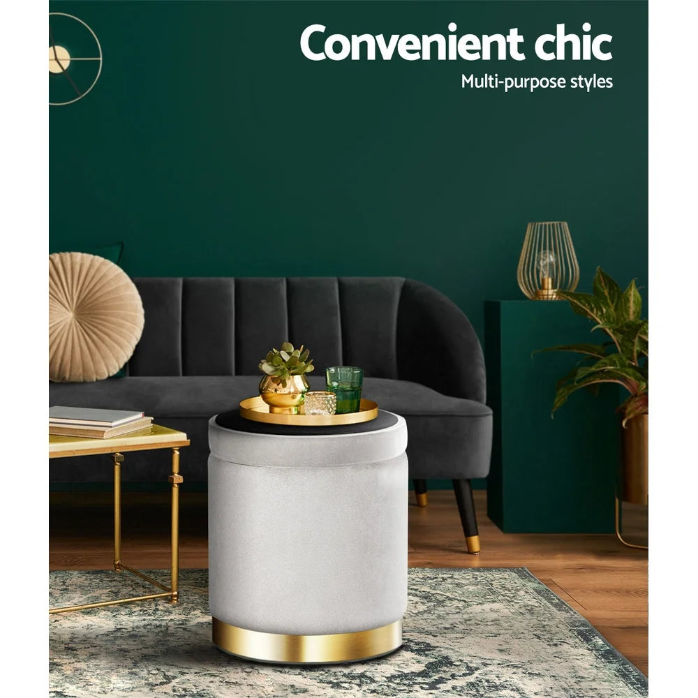 Round Velvet Ottoman Foot Stool Padded Seat - Grey - Living
