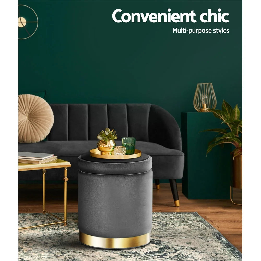 Round Velvet Ottoman Foot Stool with Storage Foot Rest